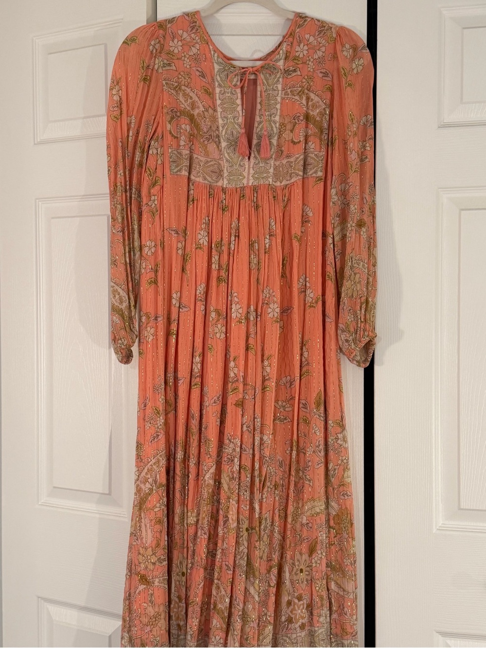 Coral Floral Boho Maxi Dress with Tassel Tie